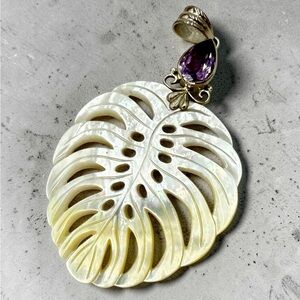 Vintage Nepal 925 Mother of Pearl Leaf Pendant Amethyst Sterling 3.5” Boho Signd